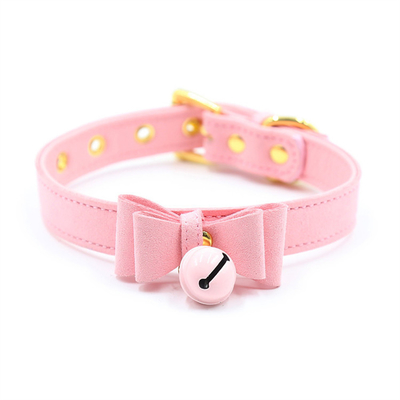 Đồ chơi tình dục cho người lớn Pink Dog Bell Bowknot Golden Hole Soft Leather Pin Buckle Neck Sleeve Black Neck Sleeve Collar